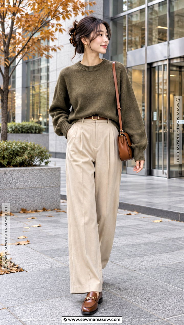 Korean Olive Knit And Beige Trousers Outfit - 15 Soft Autumn Outfits Korean