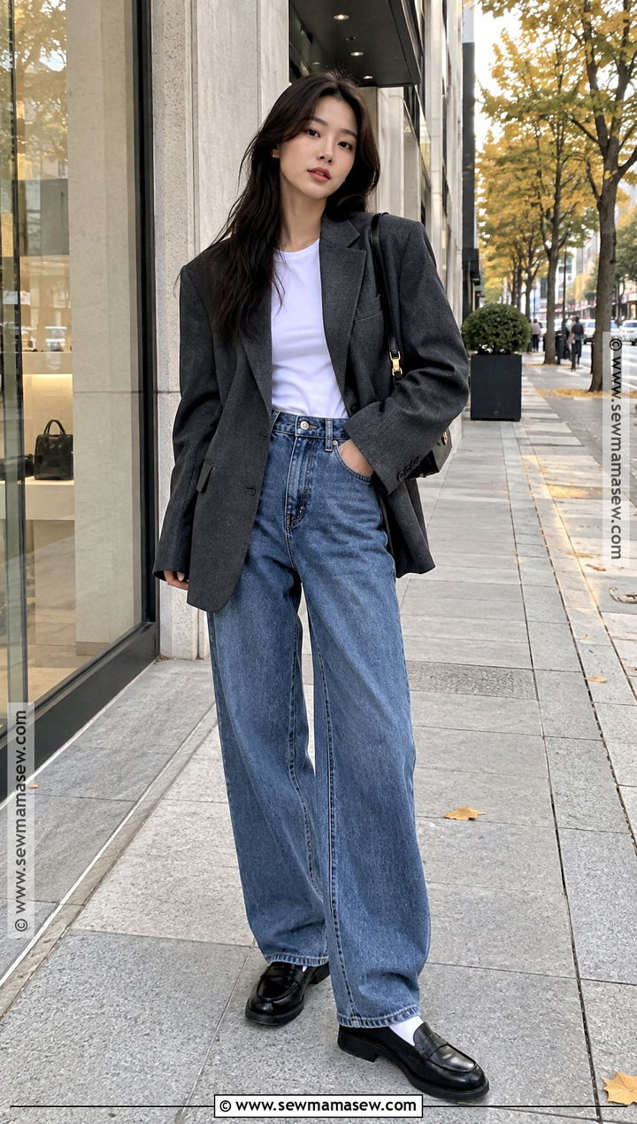 Korean Oversized Blazer And Wide Leg Jeans Outfit - 20 autumn korean outfit ideas