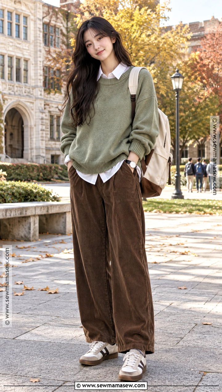 Korean Oversized Sweater And Corduroy Pants Outfit - 15 Korean Back To School Outfits