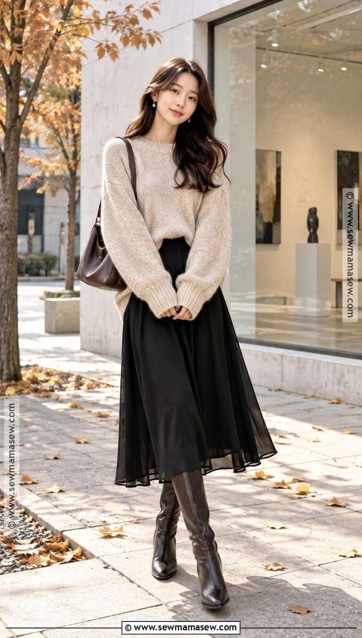 Korean Oversized Sweater And Midi Dress Outfit - 15 Fall Korean Outfits Seoul