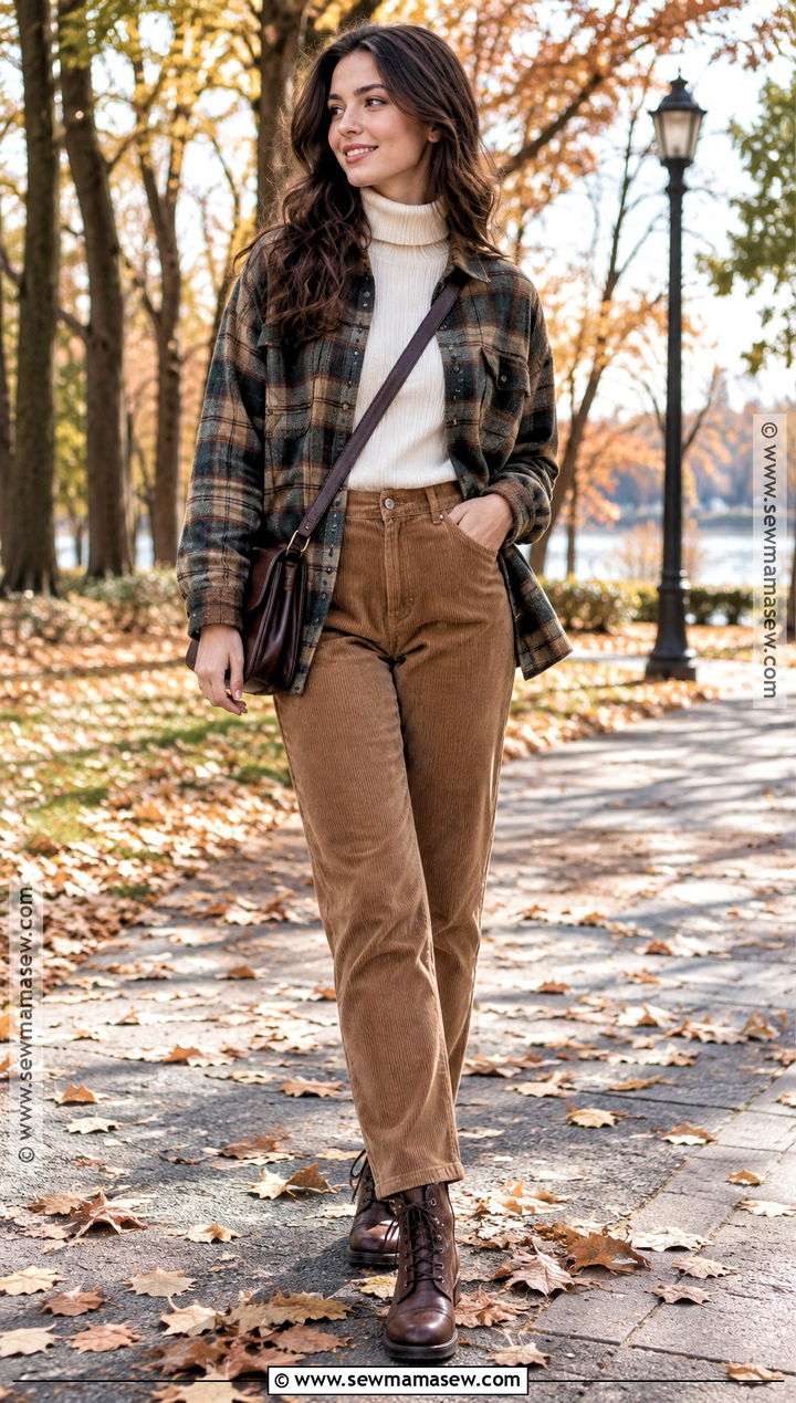 Korean Plaid Shirt and Corduroy Pants Outfit - 20 South Korea Autumn Outfit Ideas for Women