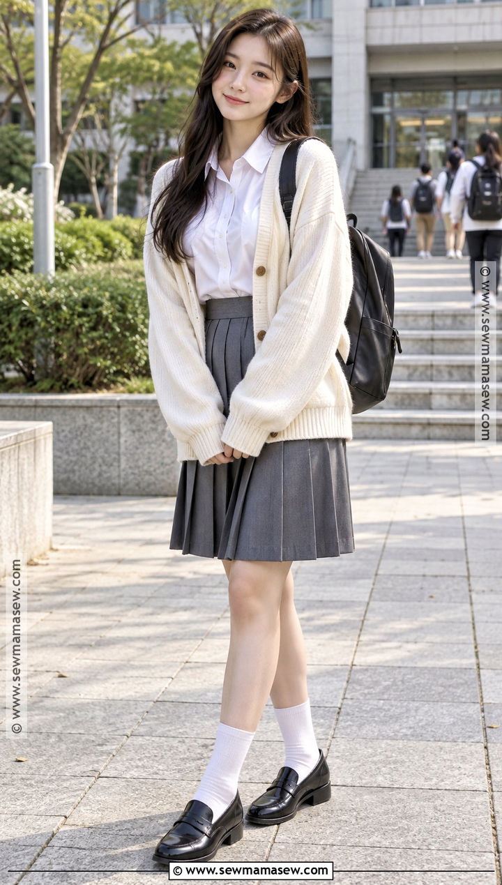 Korean Pleated Skirt and Cardigan Outfit - 15 back to school outfits korean style