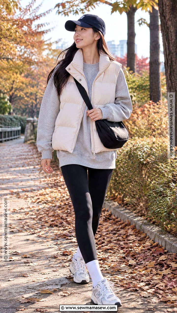 Korean Puffer Vest and Leggings Outfit - 20 South Korea Autumn Outfit Ideas for Women