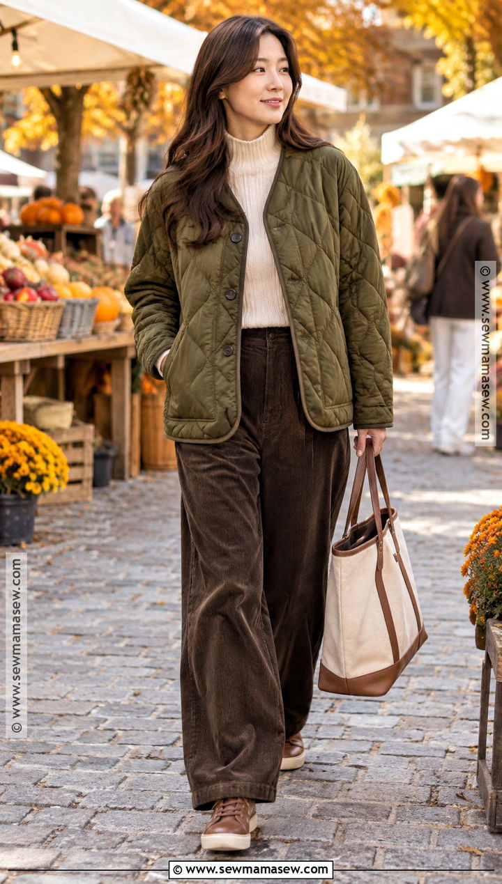 Korean Quilted Jacket And Corduroy Pants Outfit - 20 autumn korean fashion ideas
