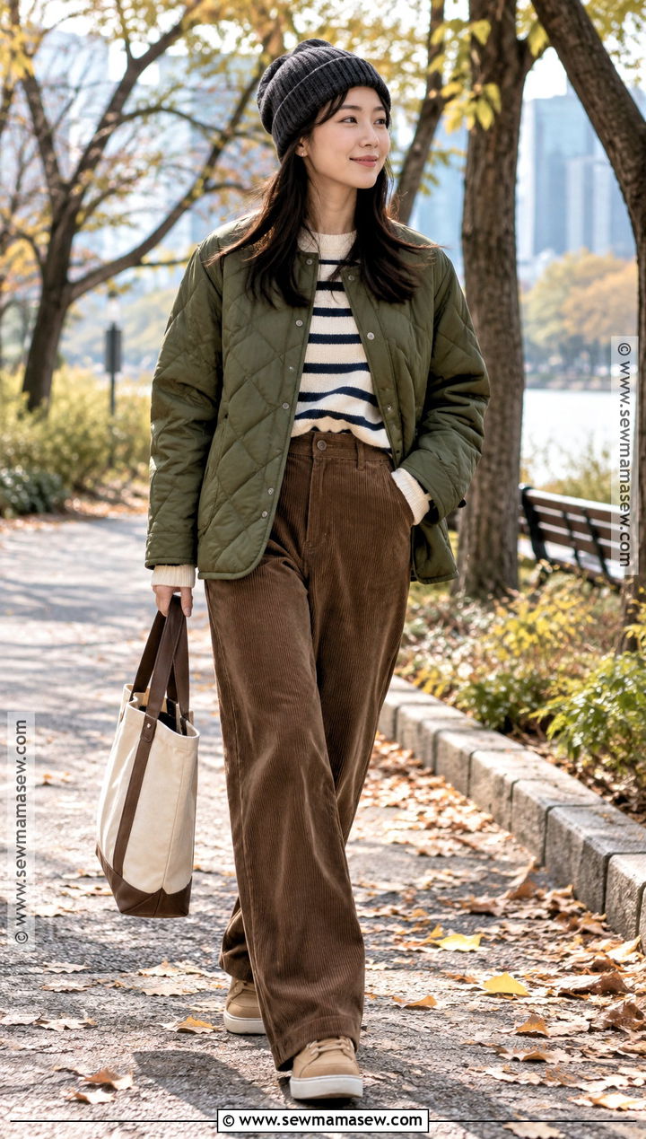Korean Quilted Jacket And Corduroy Pants Outfit - 15 Fall Korean Outfits Seoul