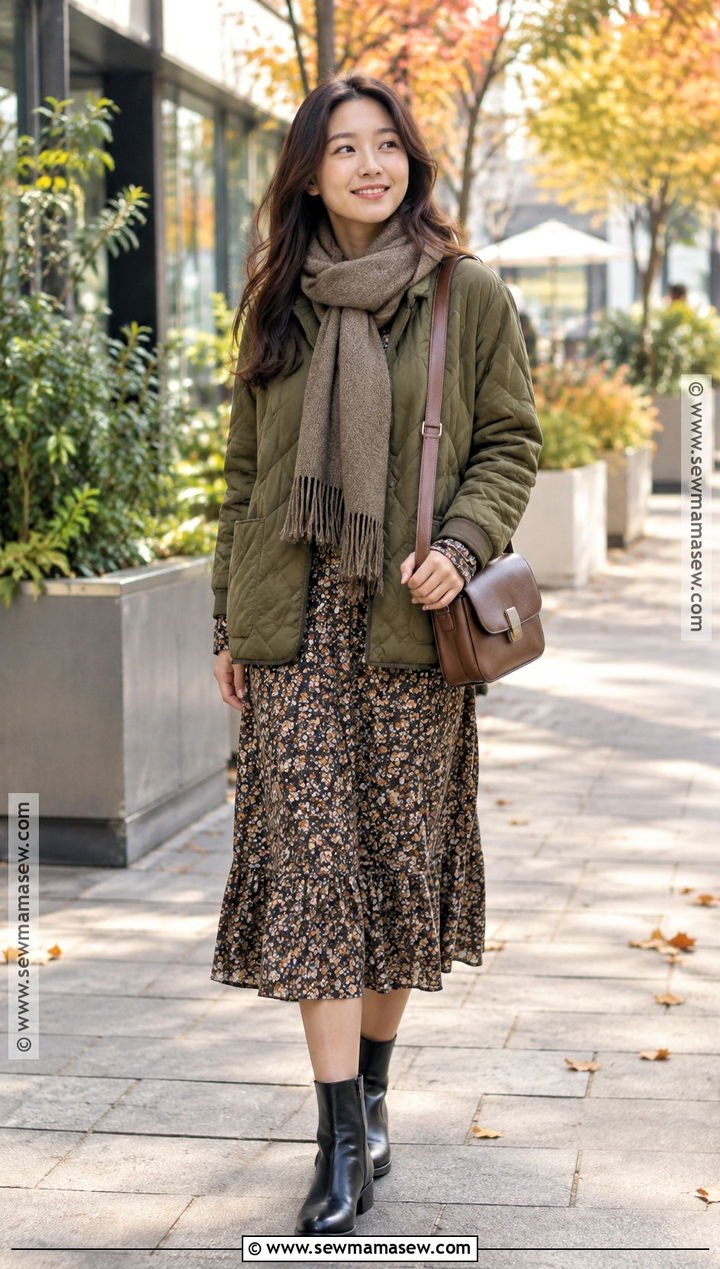 Korean Quilted Jacket And Midi Dress Outfit - 20 Asian Fall Outfits