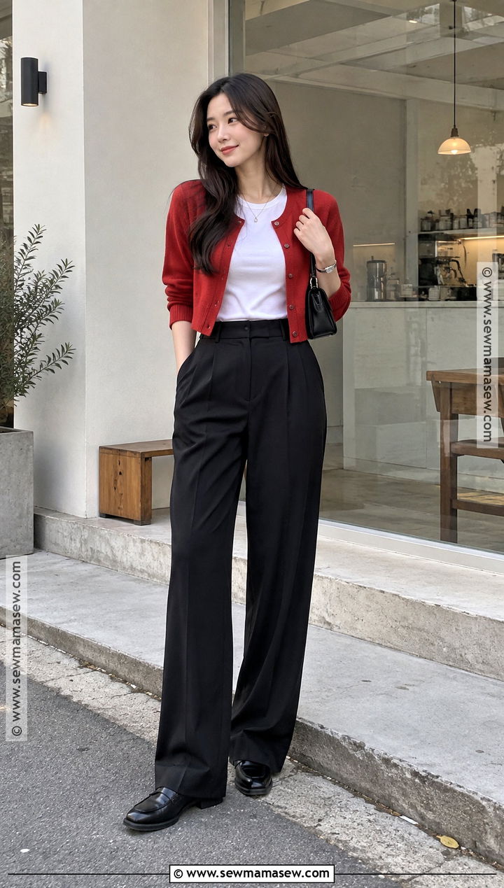 Korean Red Cardigan And Black Trousers Outfit - 20 autumn korean fashion ideas