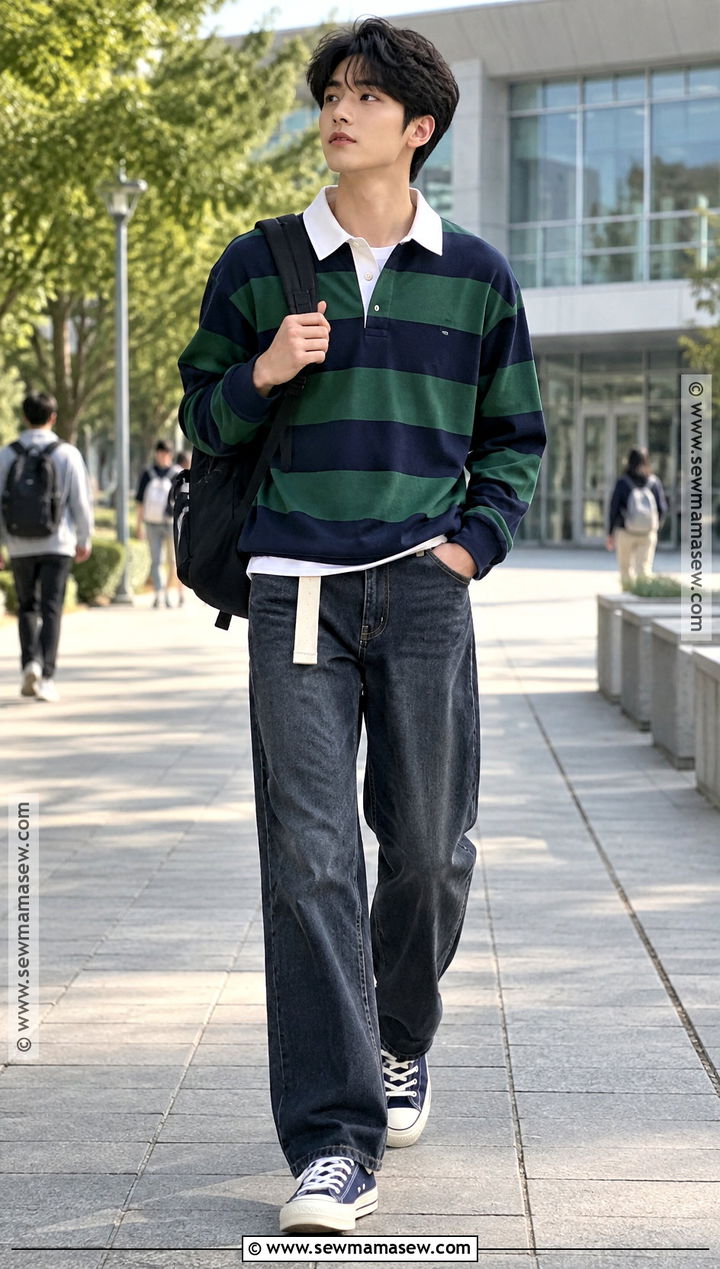 Korean Rugby Shirt And Relaxed Jeans Outfit - 15 Korean Back To School Outfits