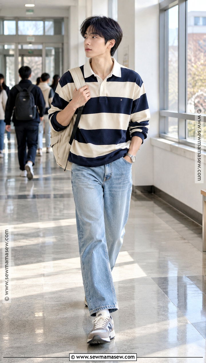 Korean Rugby Shirt and Straight Jeans Outfit - 15 back to school outfits korean style