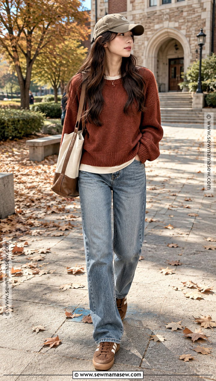 Korean Rust Sweater And Straight Jeans Outfit - 15 Soft Autumn Outfits Korean