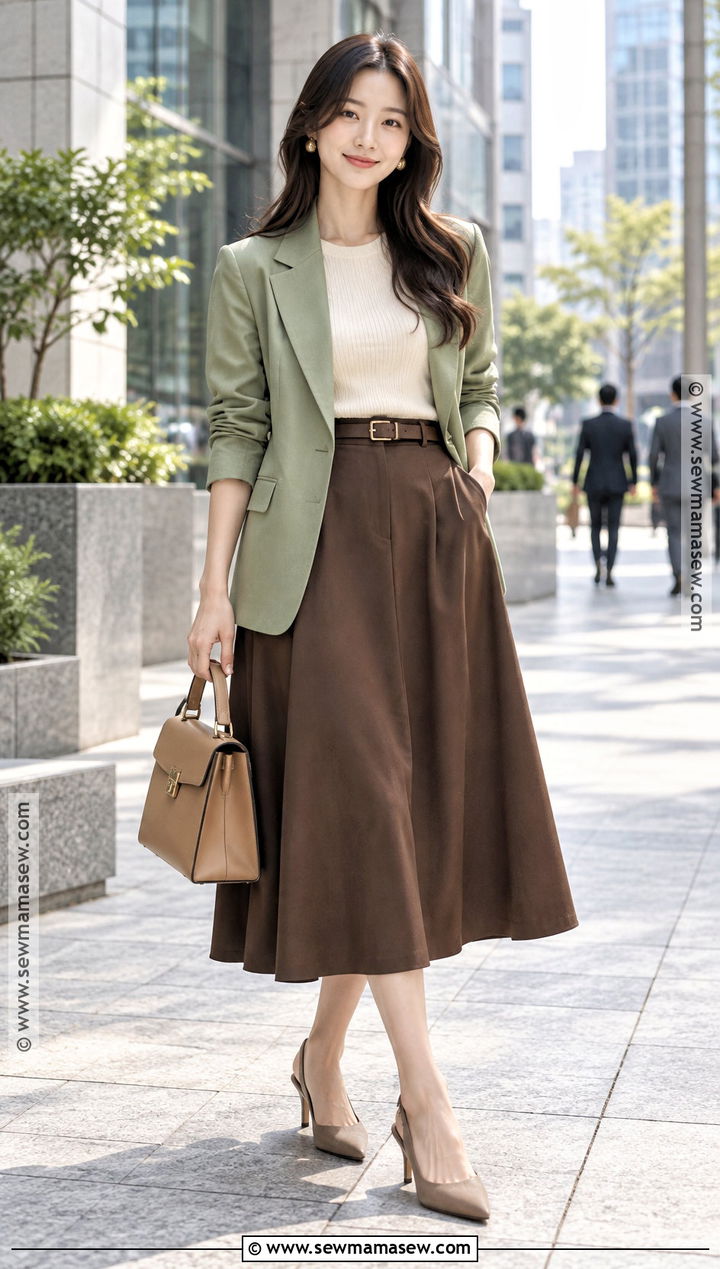 Korean Sage Blazer And Midi Skirt Outfit - 15 Soft Autumn Outfits Korean