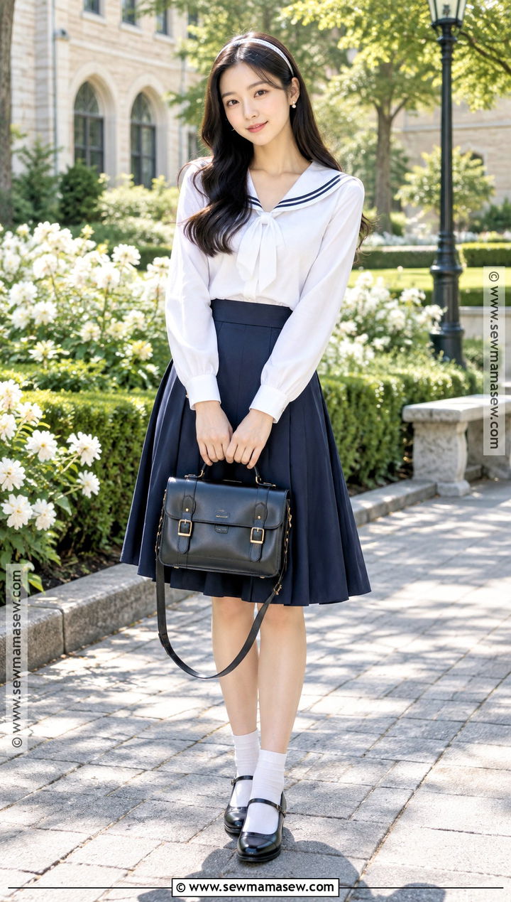 Korean Sailor Collar Blouse and A Line Skirt Outfit - 15 back to school outfits korean style