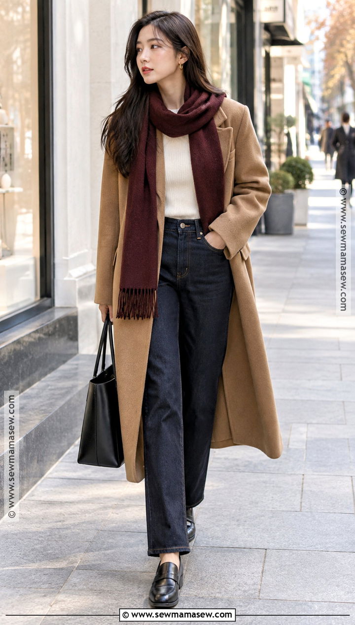 Korean Scarf Coat And Dark Denim Outfit - 20 autumn korean outfit ideas