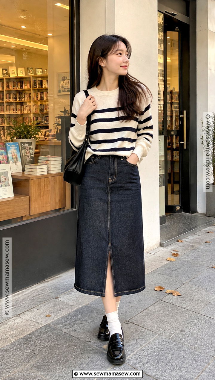 Korean Striped Knit And Denim Midi Skirt Outfit - 20 autumn korean fashion ideas