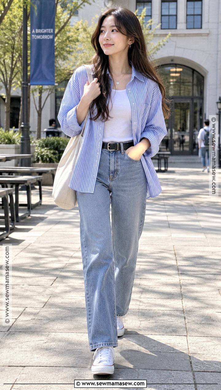 Korean Striped Shirt And Straight Jeans Outfit - 15 Korean Back To School Outfits