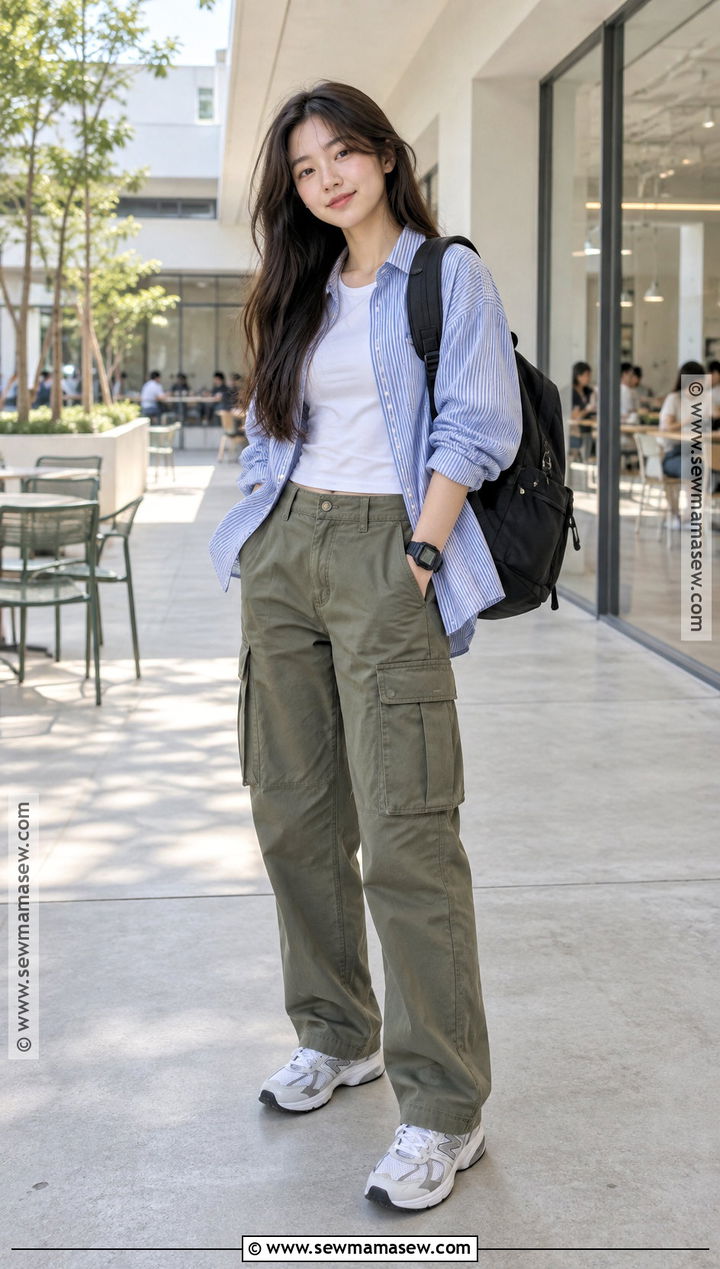 Korean Striped Shirt and Cargo Pants Outfit - 15 back to school outfits korean style