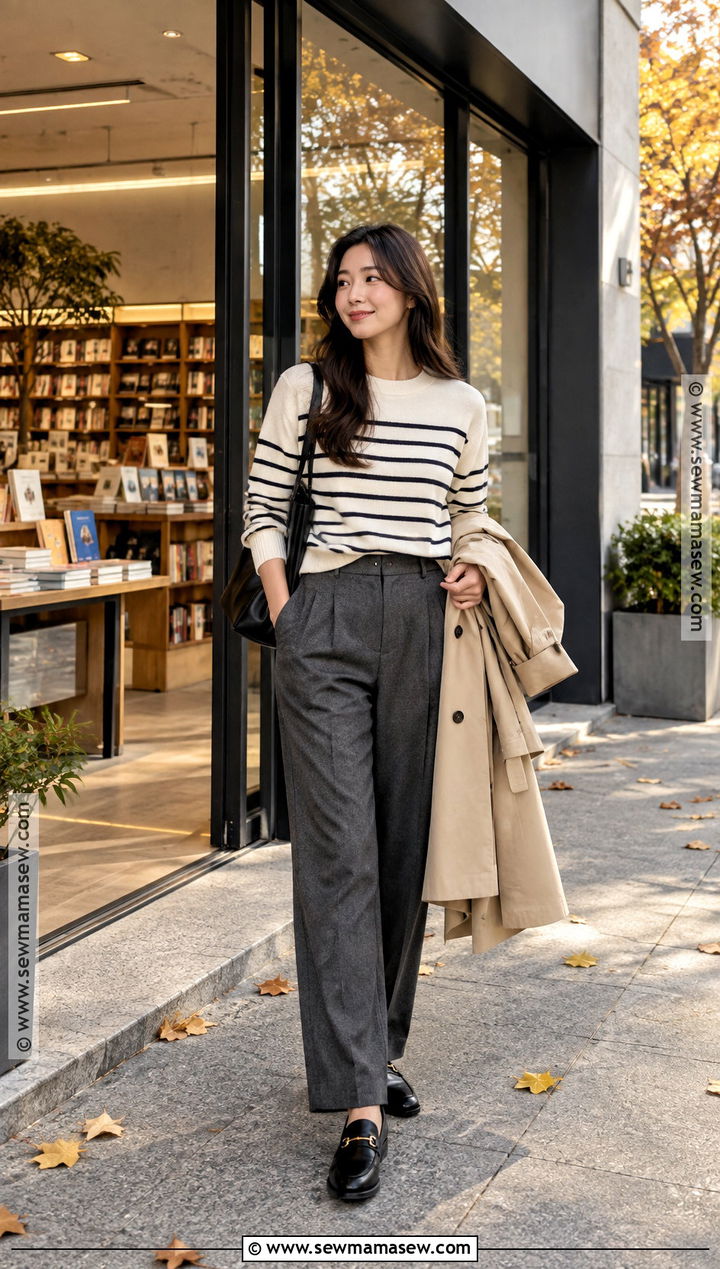 Korean Striped Sweater And Trousers Outfit - 15 Korean Fall Style Ideas