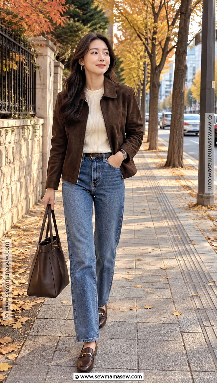 Korean Suede Jacket And Straight Jeans Outfit - 15 Fall Korean Outfits Seoul