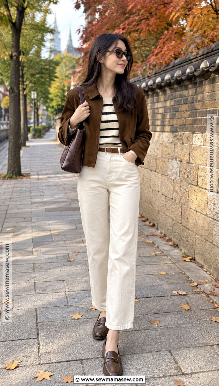 Korean Suede Jacket and Cream Jeans Outfit - 20 South Korea Autumn Outfit Ideas for Women