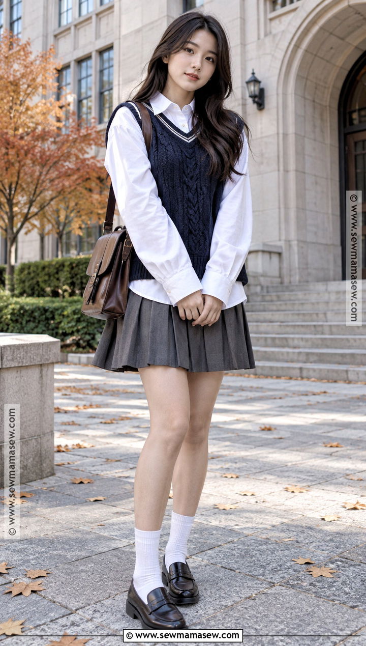 Korean Sweater Vest And Pleated Skirt Outfit - 20 Asian Fall Outfits