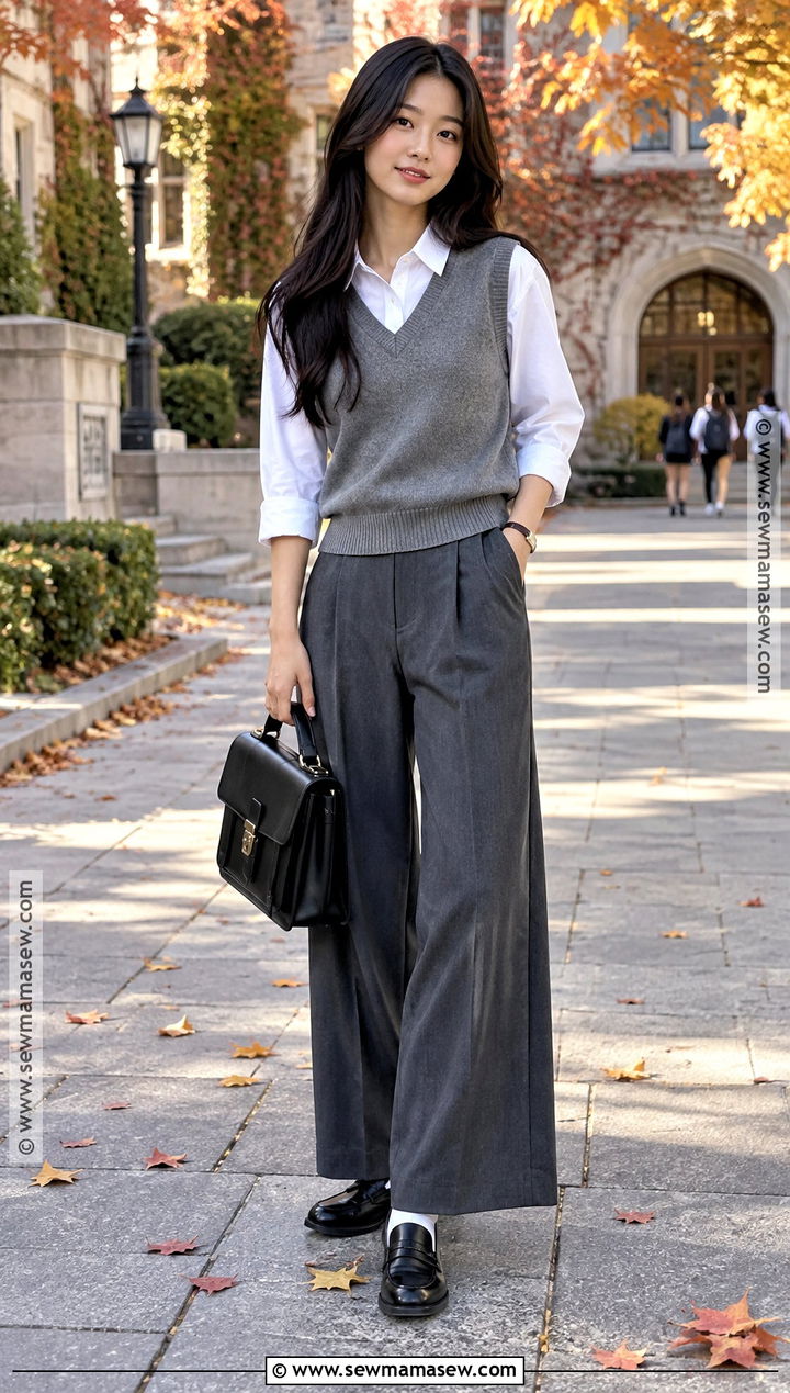 Korean Sweater Vest And Shirt Outfit - 15 Korean Fall Style Ideas