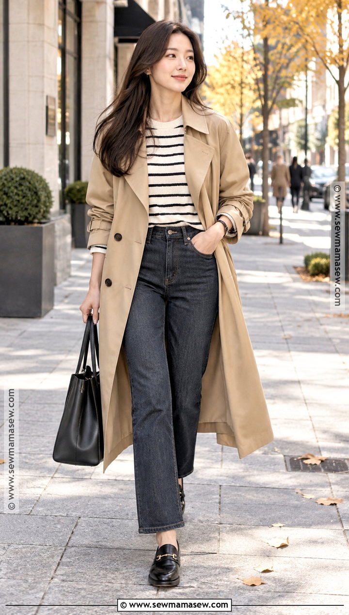 Korean Trench Coat And Straight Leg Jeans Outfit - 20 autumn korean outfit ideas