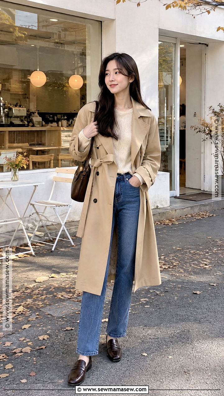 Korean Trench Coat With Knit And Jeans Outfit - 20 autumn korean fashion ideas