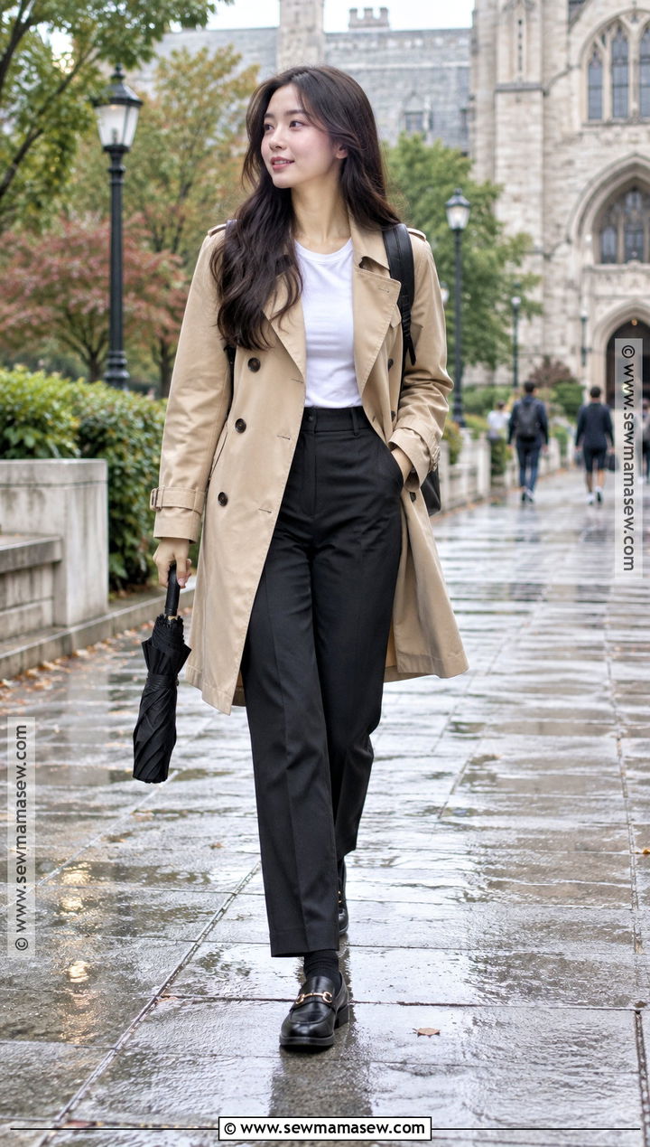 Korean Trench Coat and Loafers Outfit - 15 back to school outfits korean style