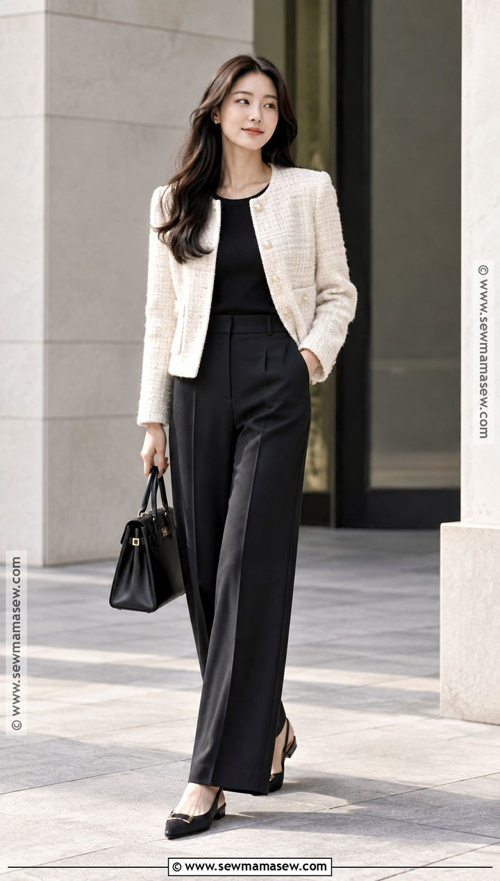Korean Tweed Jacket and Tailored Trousers Outfit - 20 South Korea Autumn Outfit Ideas for Women