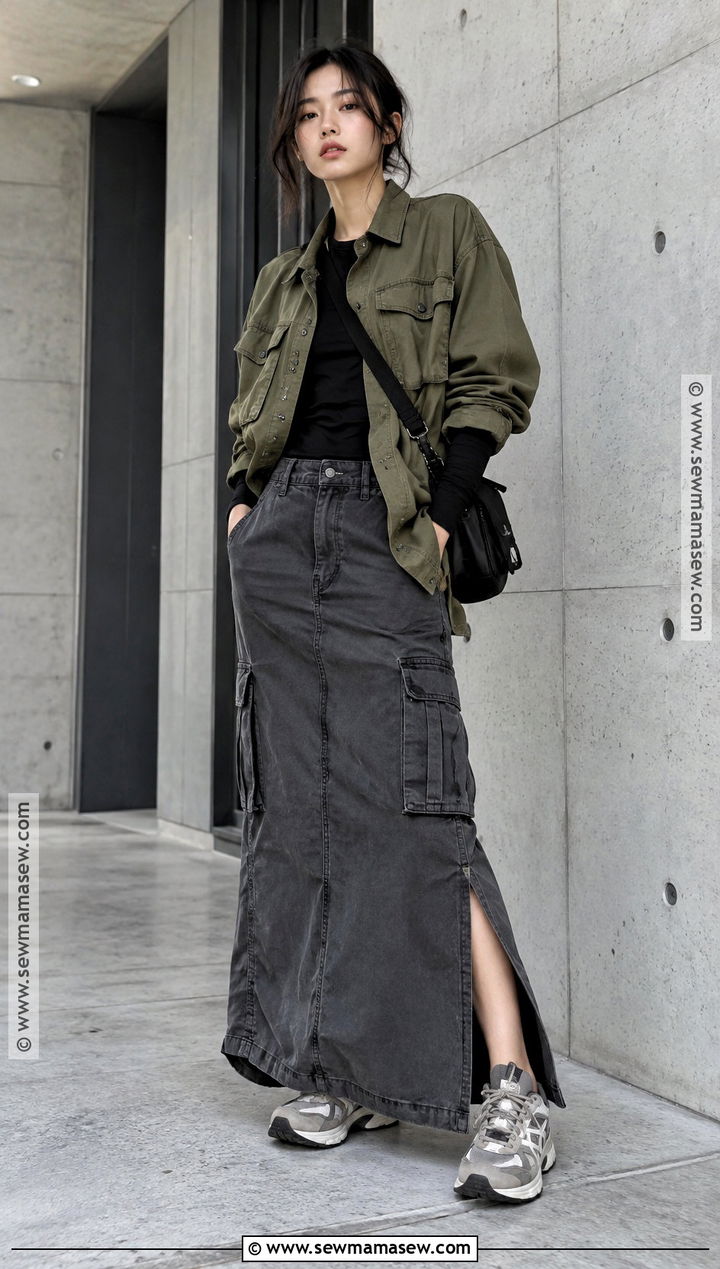 Korean Utility Overshirt And Cargo Maxi Skirt Outfit - 20 autumn korean fashion ideas