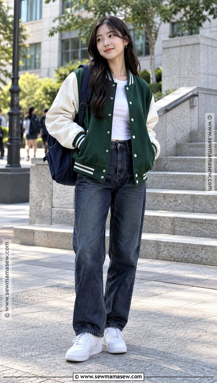 Korean Varsity Jacket and Denim Outfit - 15 back to school outfits korean style