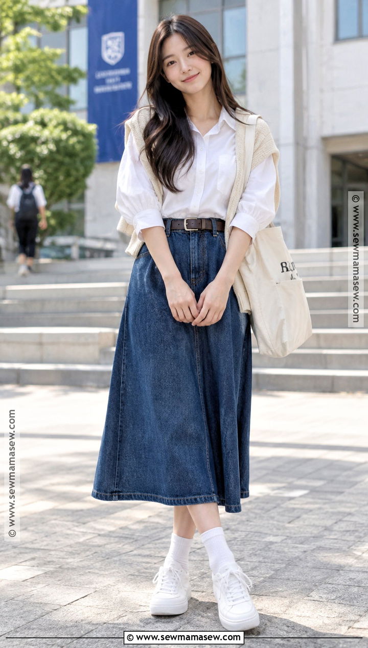Korean White Blouse And Denim Skirt Outfit - 15 Korean Back To School Outfits