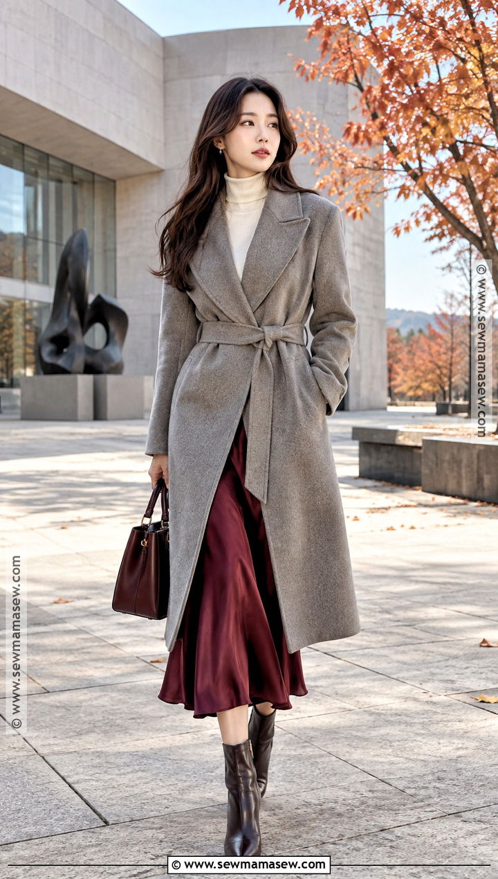 Korean Wrap Coat And Satin Skirt Outfit - 20 Asian Fall Outfits