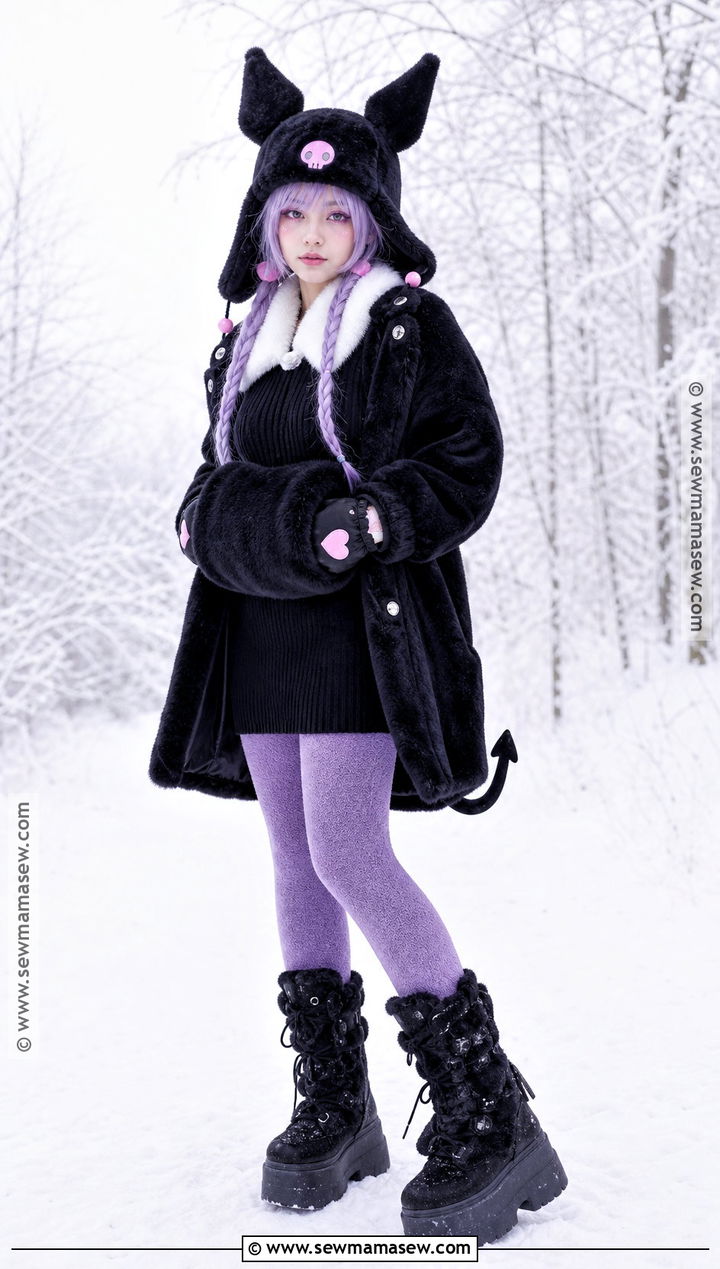 Kuromi Winter Costume With Faux Fur Coat - 40 kuromi costume ideas