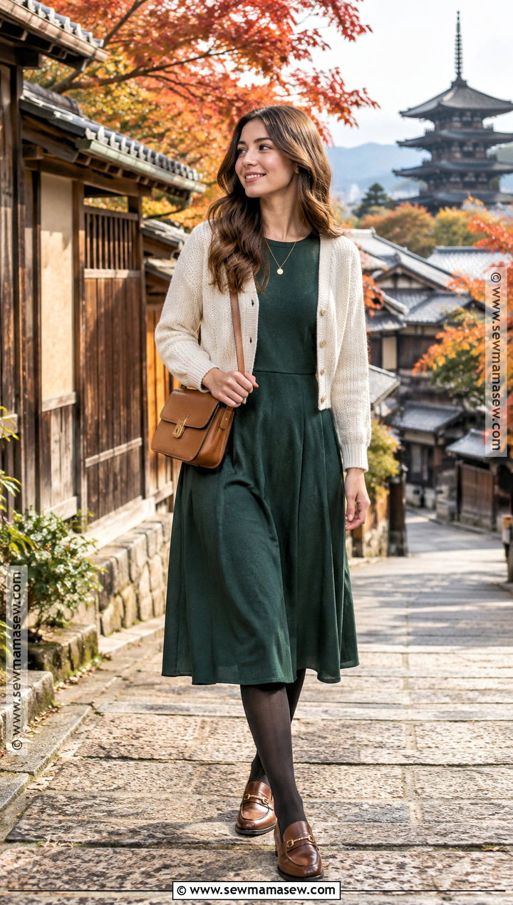 Kyoto Fall Midi Dress and Cardigan Outfit - 20 fall japan outfit ideas