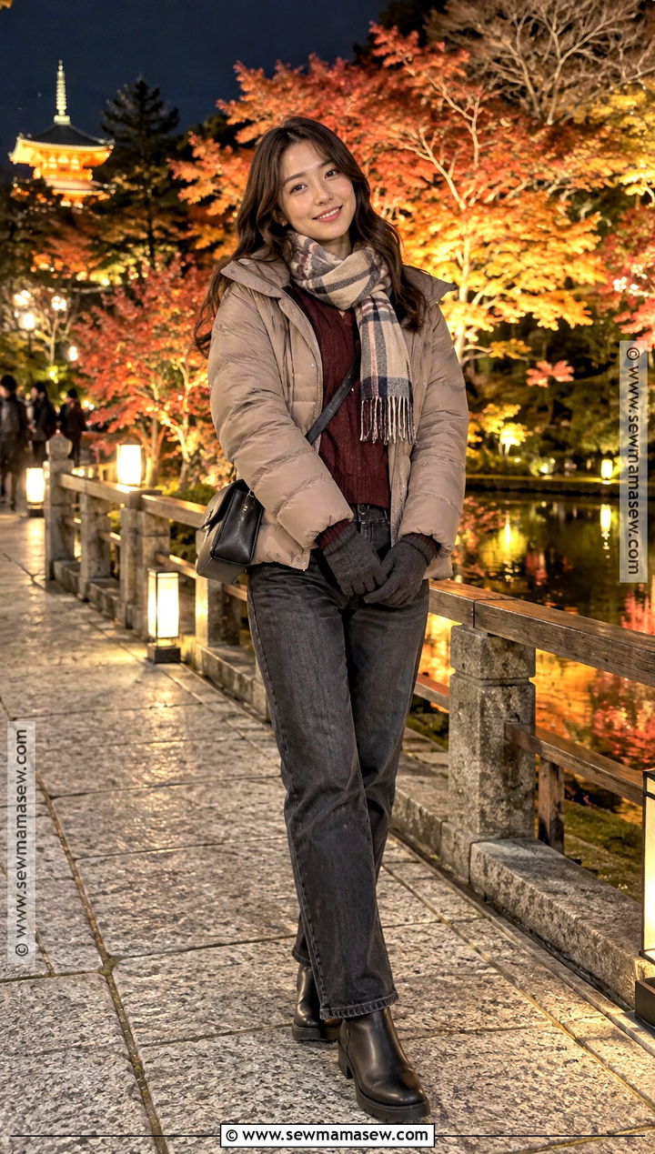 Kyoto Night Illumination Puffer And Jeans Outfit - 20 japan in november outfit ideas
