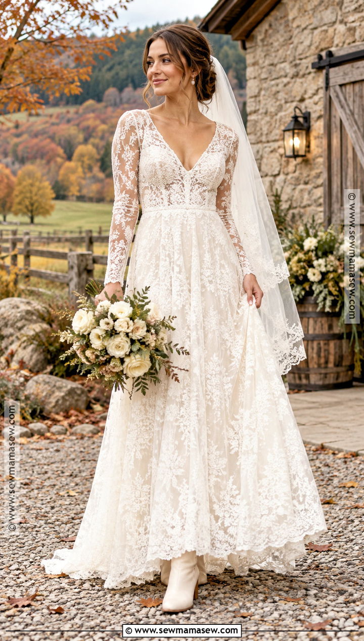 Lace A Line Boho Long Sleeve Wedding Dress - 15 boho fall wedding dress long sleeve ideas