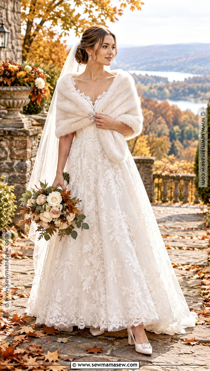 Lace A Line Wedding Dress With Faux Fur Stole - 15 Fall Wedding Dress Coverup Ideas