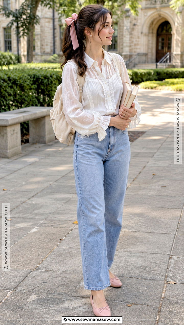 Lace Blouse And Straight Leg Jeans Coquette Outfit - 15 Back To School Outfits Coquette