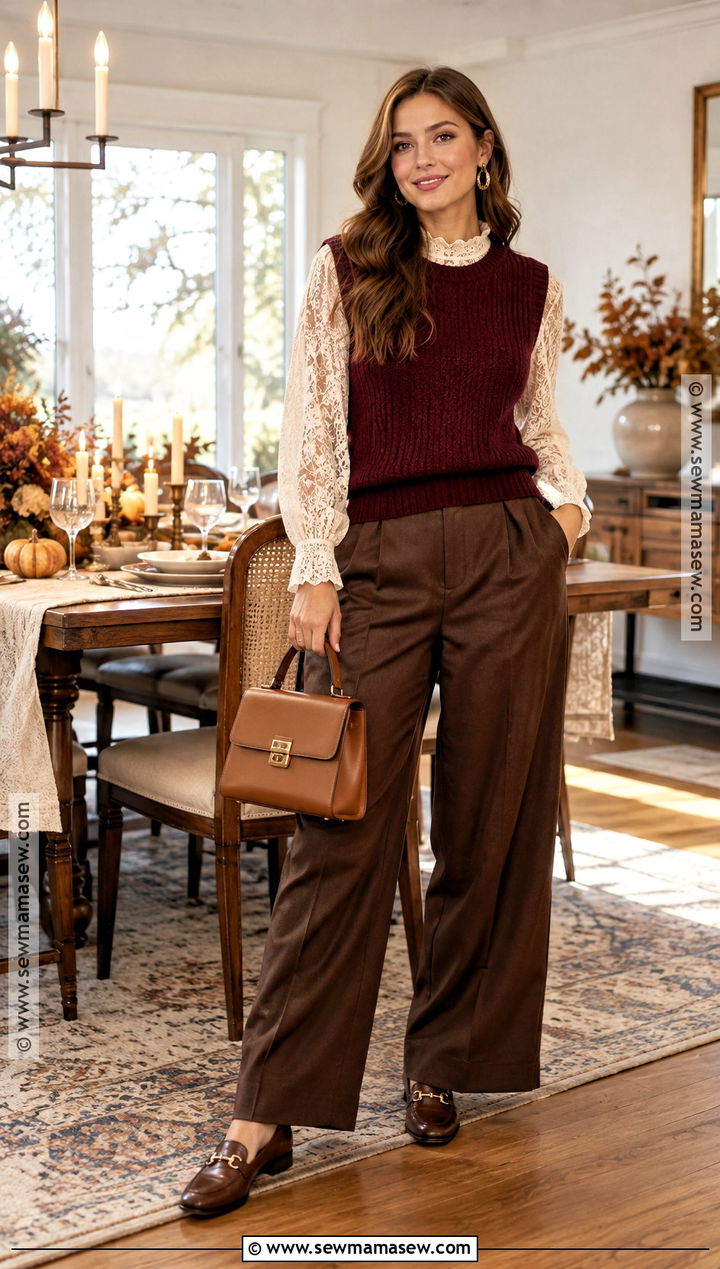 Lace Blouse With Knit Vest and Trousers - 20 Thanksgiving Lace Styles