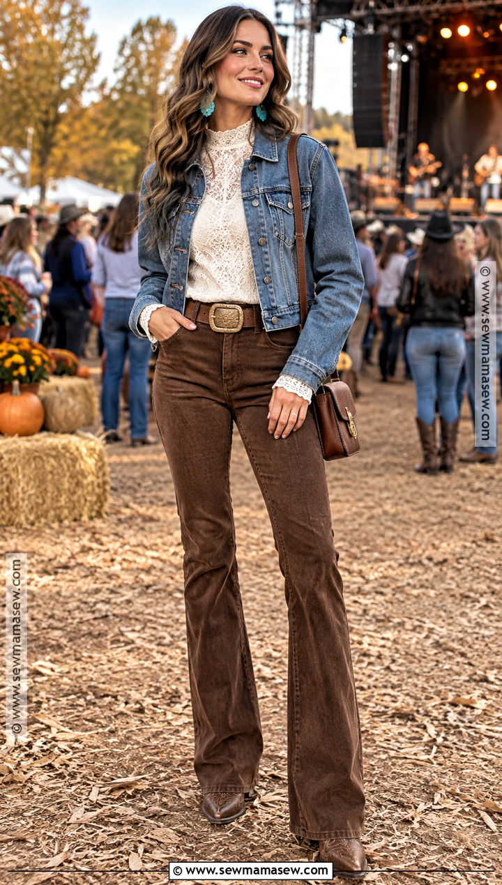 Lace Blouse and Brown Suede Pants Country Festival Outfit - 20 country festival outfit fall ideas