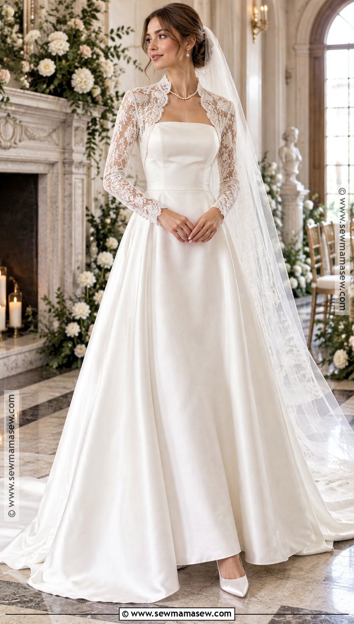 Lace Bridal Jacket With Strapless Gown - 15 Fall Wedding Jacket Brides Ideas