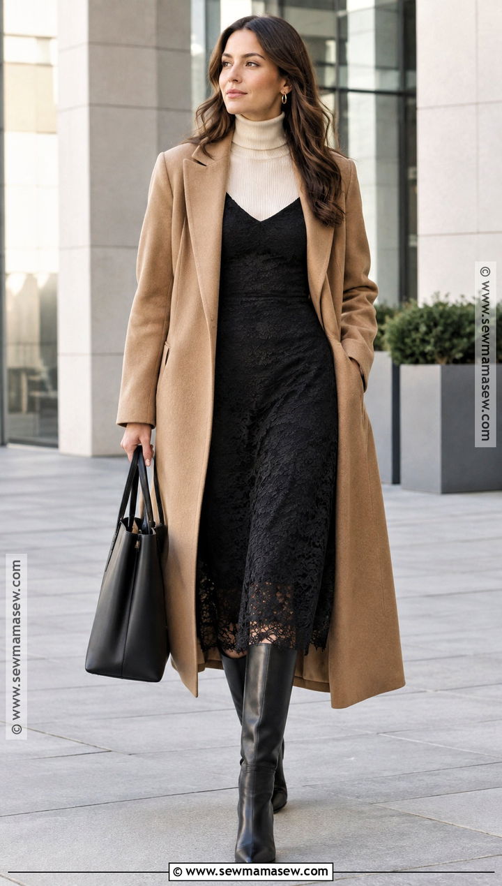 Lace Dress Over Turtleneck With Tall Boots - 15 fall lace dress ideas