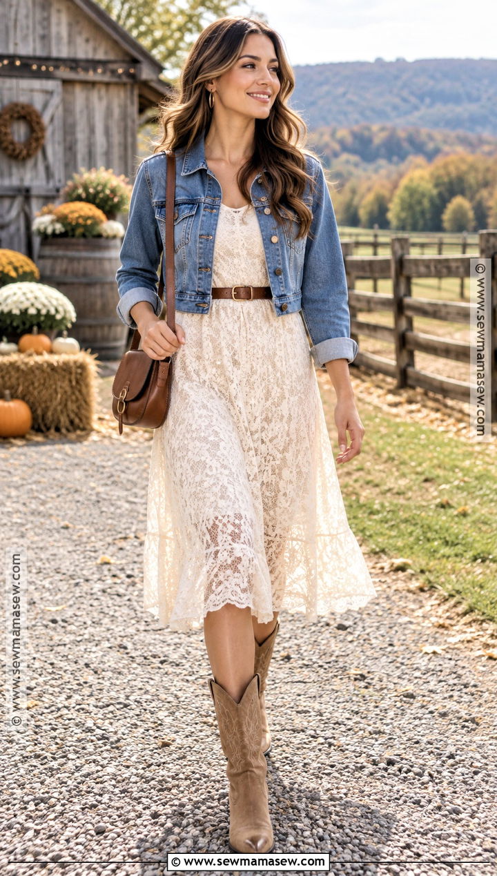 Lace Dress With Denim Jacket And Western Boots - 15 fall lace dress ideas