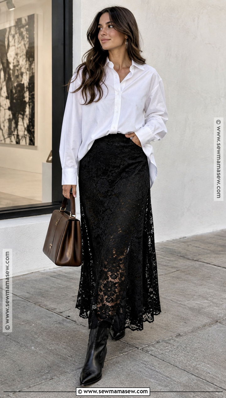 Lace Long Skirt Outfit With Oversized Shirt And Western Boots - 25 long skirt outfits for fall