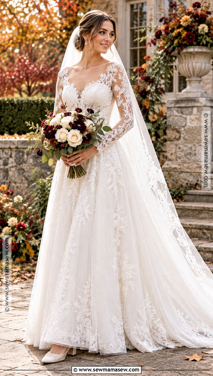 Lace Long Sleeve A Line Wedding Dress - 15 fall long sleeve wedding dress ideas