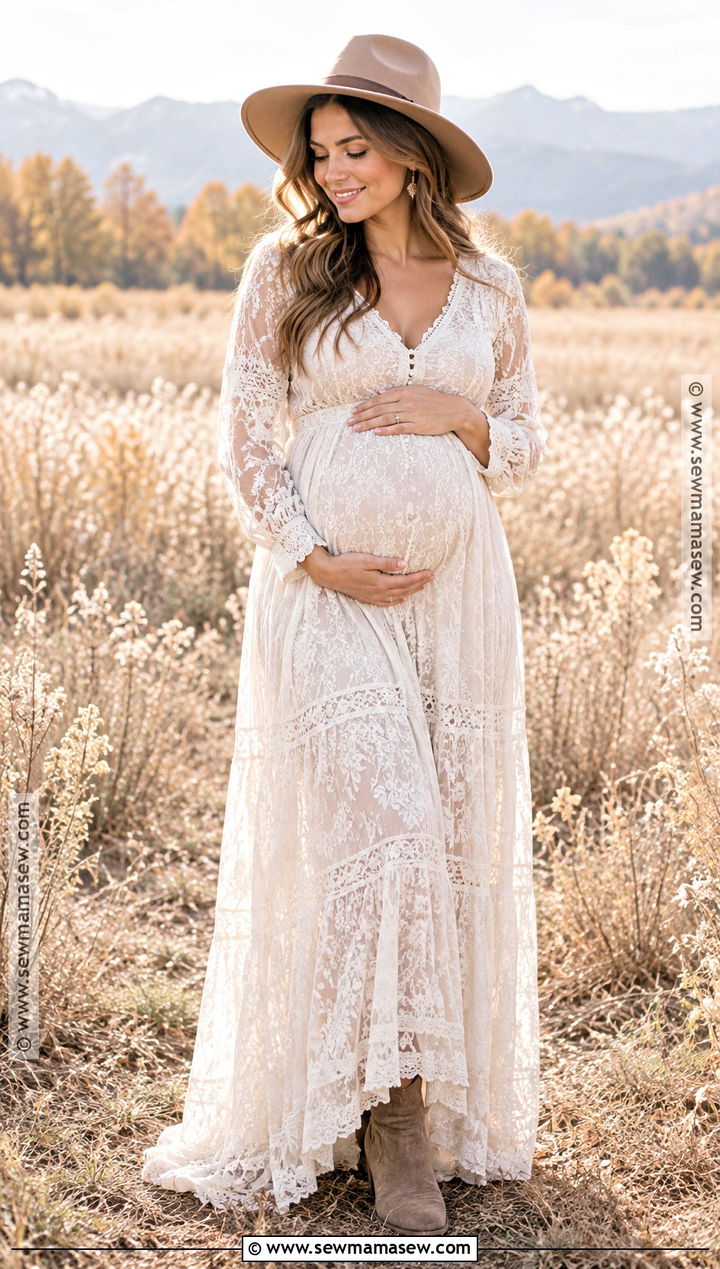 Lace Maternity Dress With Floppy Hat - 15 fall maternity photos with hat ideas