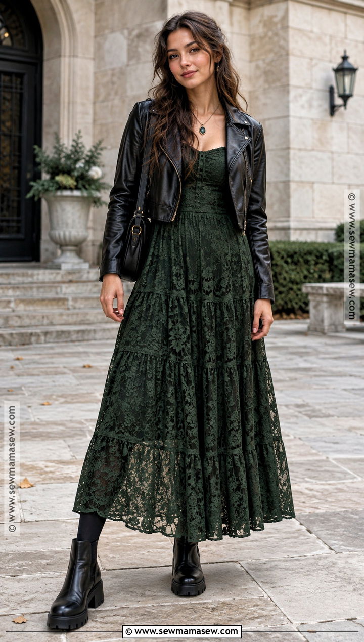 Lace Maxi Dress and Leather Jacket Whimsigoth Fall Outfit - 25 whimsigoth fall outfits