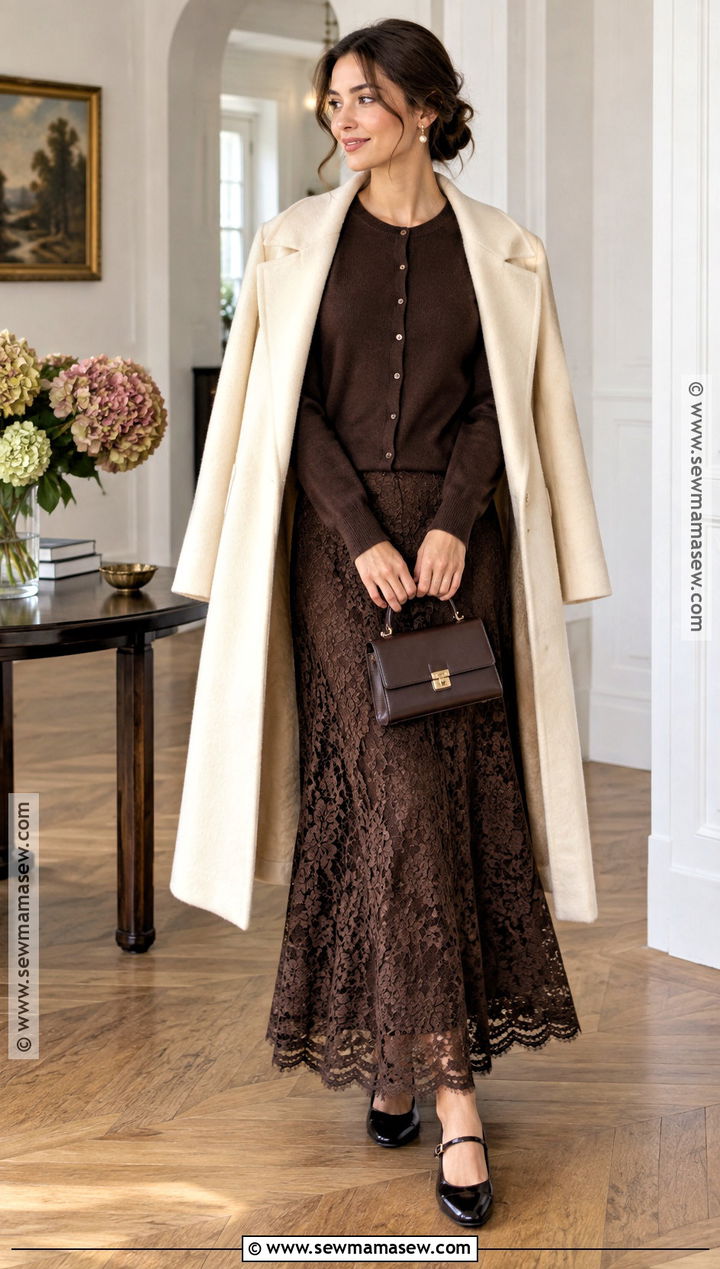 Lace Maxi Skirt With Cardigan And Mary Jane Shoes - 20 Autumn Outfits Skirts