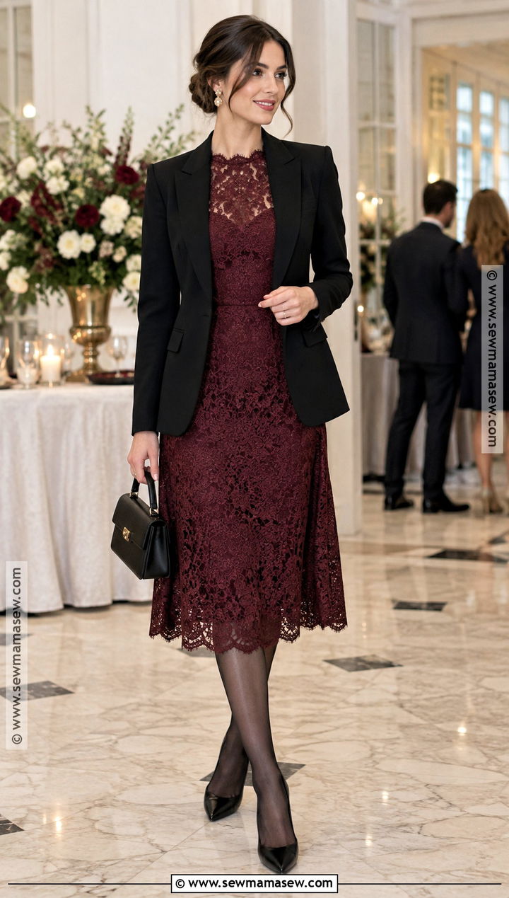 Lace Midi Dress With Blazer And Pumps - 25 fall dress ideas